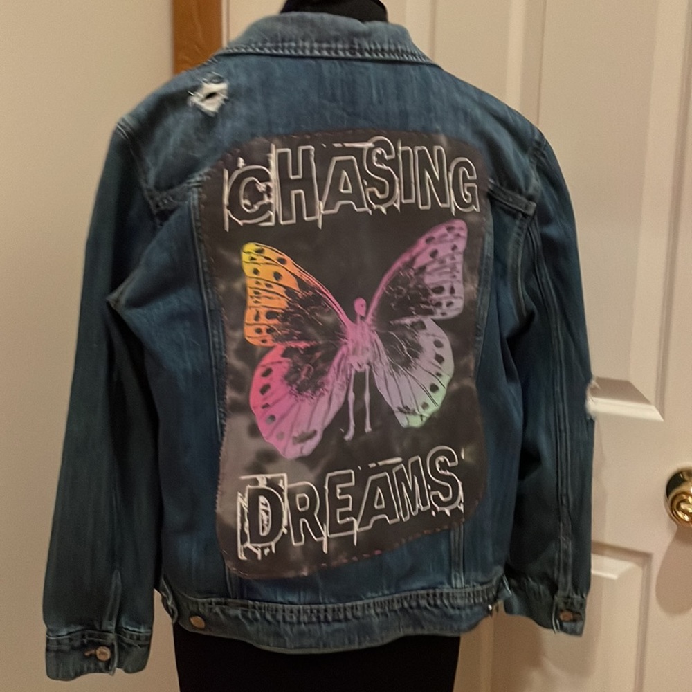Upcycled denim jacket with Chasing Dreams butterfly skeleton - Picture 2 of 7